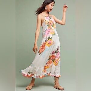Farm Rio Light Cream Floral Maxi Dress with Pom Pom trim
